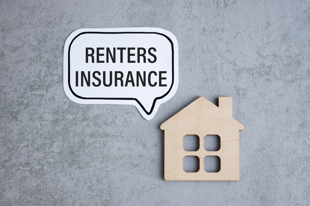 Image of renters insurance with small cardboard house taking in a quote bubble