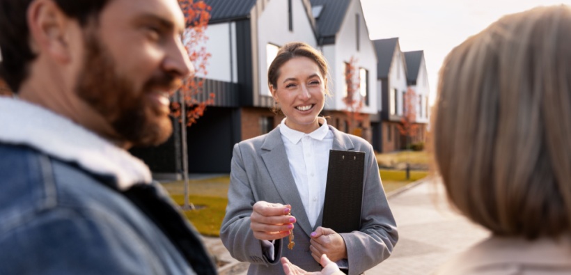Real estate agent handing keys to new homeowners in a planned community, highlighting how an HOA can affect your homeowners insurance coverage.