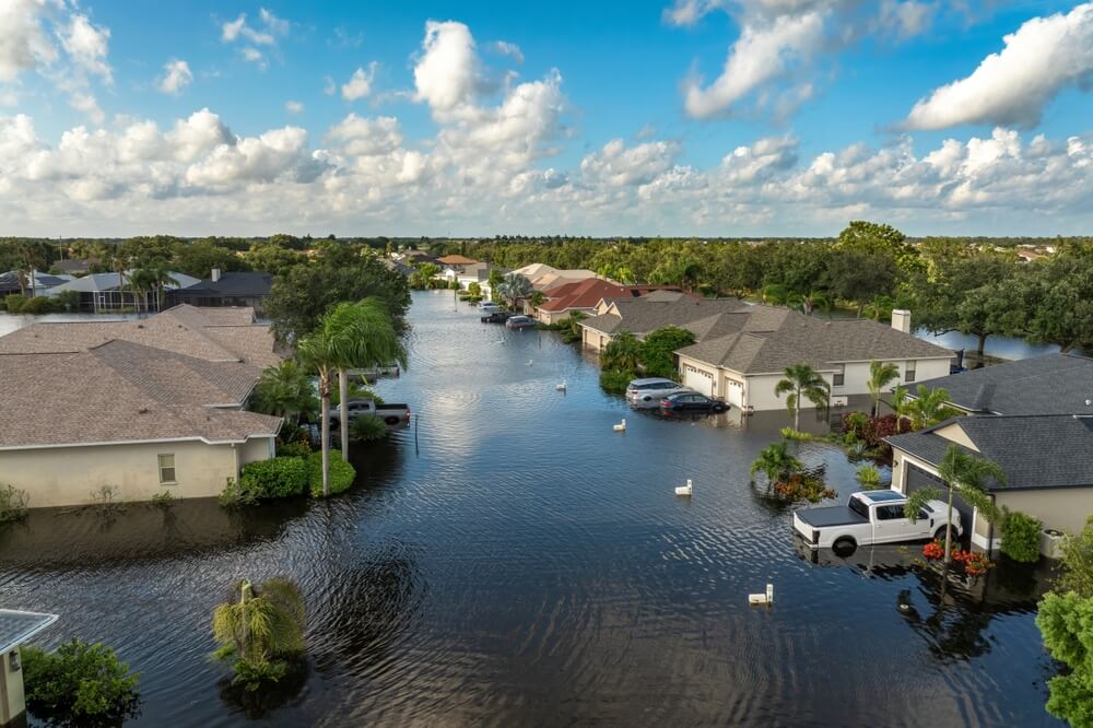 Flooded residential neighborhood after severe weather, illustrating why homeowners insurance and flood protection coverage are important.