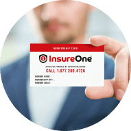 Man holding membership card to the camera with insureone logo and phone number