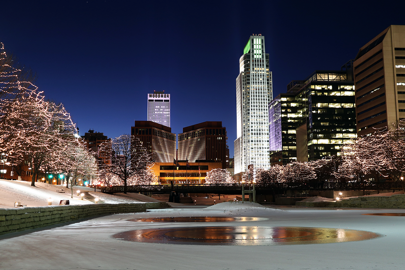 Downtown Omaha shines with the holidays lights - best home insurance in Nebraska.