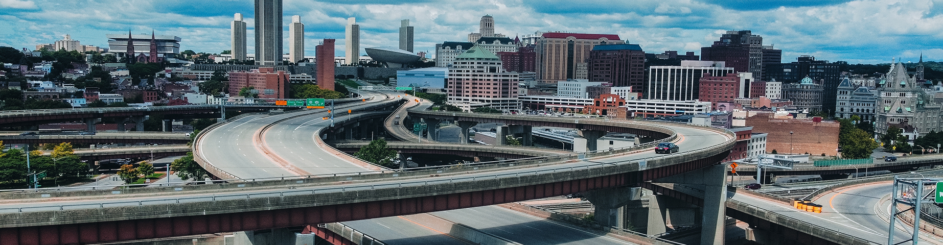 Aerial view of highway into downtown Albany New York Skyline