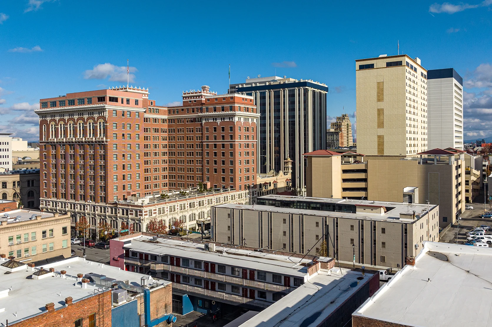 Spokane downtown bank hotel street aerial view