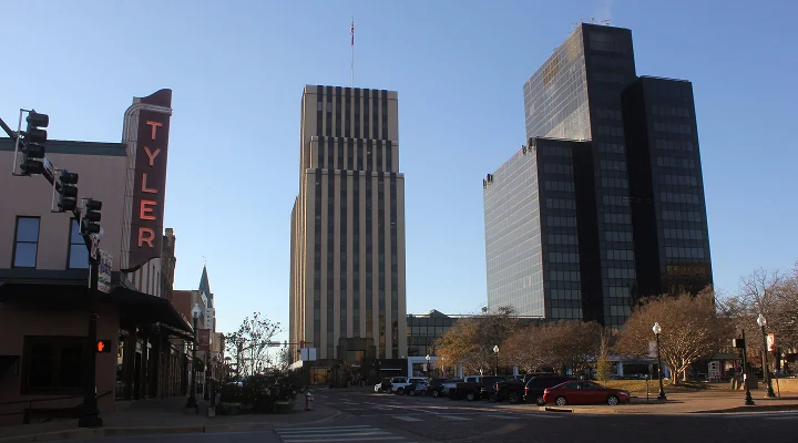 Tyler, TX - January 3, 2024: Buildings located in downtown Tyler, TX near the courthouse.