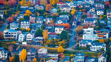 Seattle, City view of Seattle, top view of downtown Seattle skyline - best home insurance in Washington.