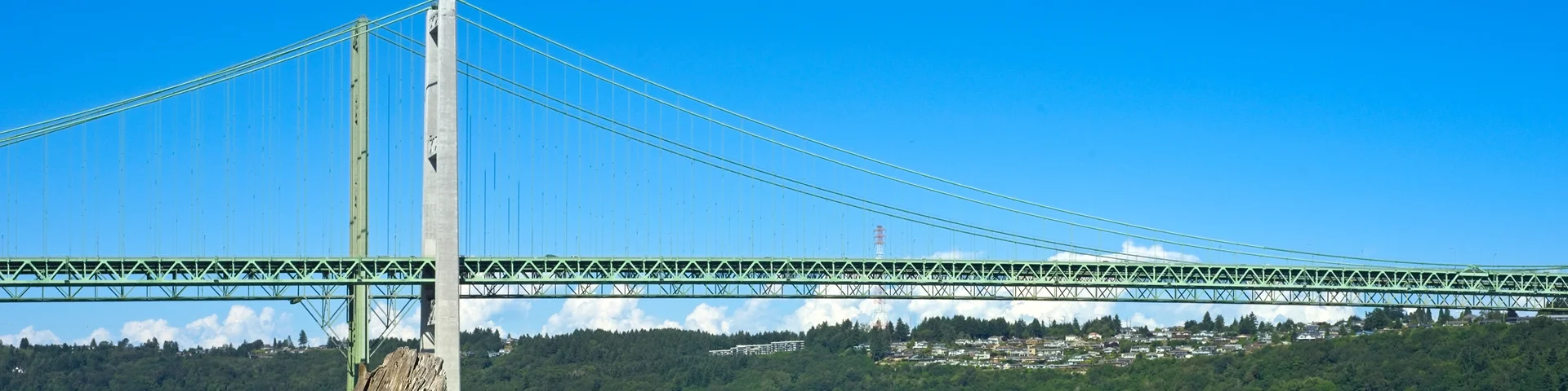 The Tacoma Narrows Bridge is seen across the Tacoma Narrows channel with driftwood on the beach in foreground; focus is on the driftwood.