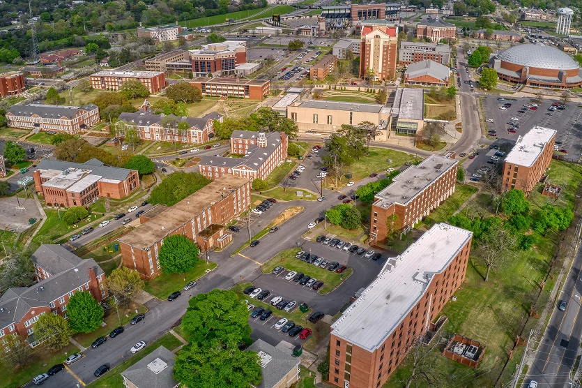Aerial View of a large public University in Montgomery - best home insurance in Alabama.