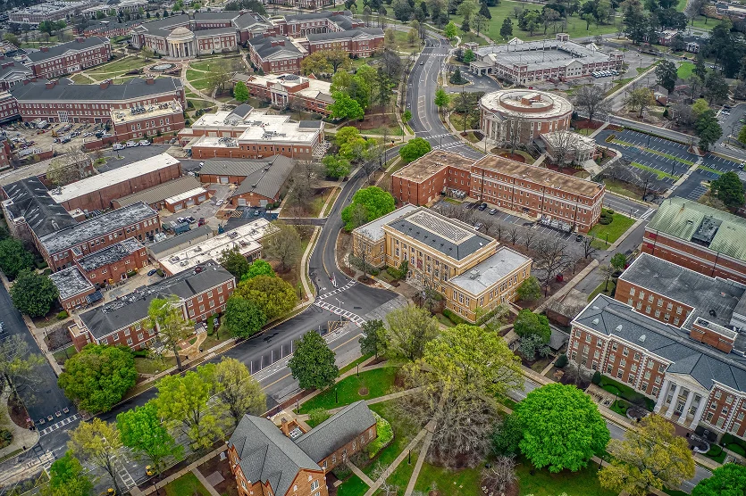 Aerial View of a large public University in Tuscaloosa - best home insurance in Alabama.