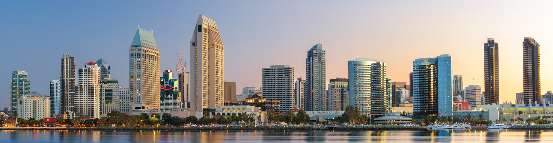 San Diego, California, USA downtown skyline at the Embarcadero at dusk.
