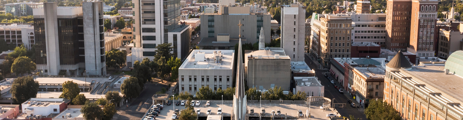 Sunset aerial view of downtown Stockton, California, USA.