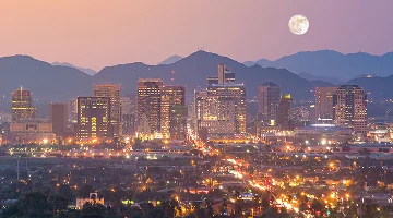 Top view of downtown Phoenix at sunset - best homeowners insurance in Arizona.