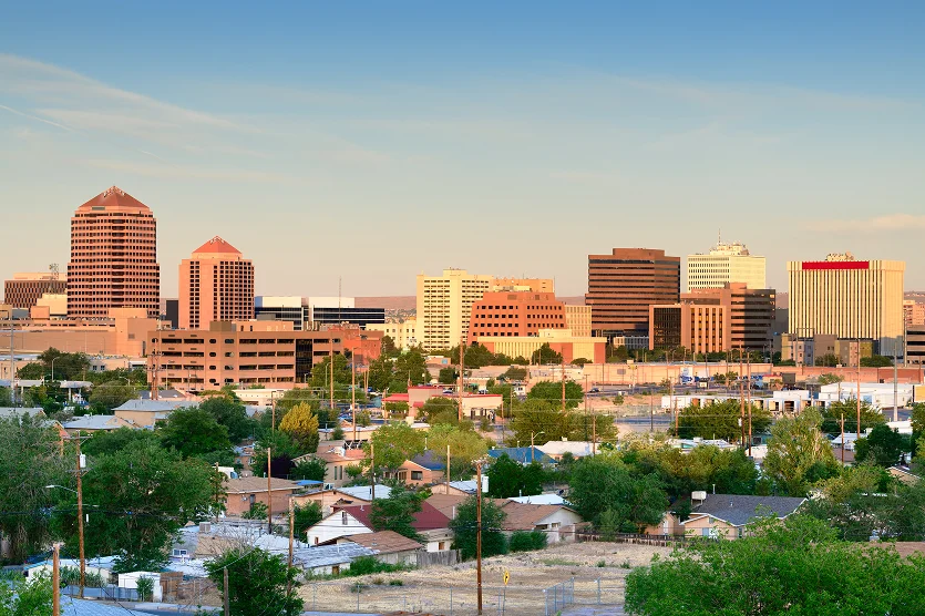 Albuquerque, New Mexico, USA downtown city skyline at dawn.