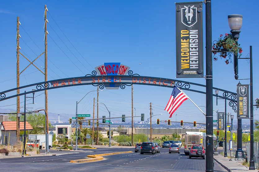 Entrance to the Water Street District in Southern Nevada captured on a sunny day. A haven of small and family owned business. Intersection of Water St and Lake Mead Parkway.
