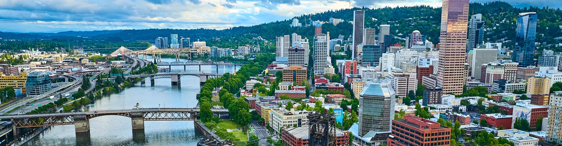 Aerial View of Portland Steel Bridge and Downtown Skyline.