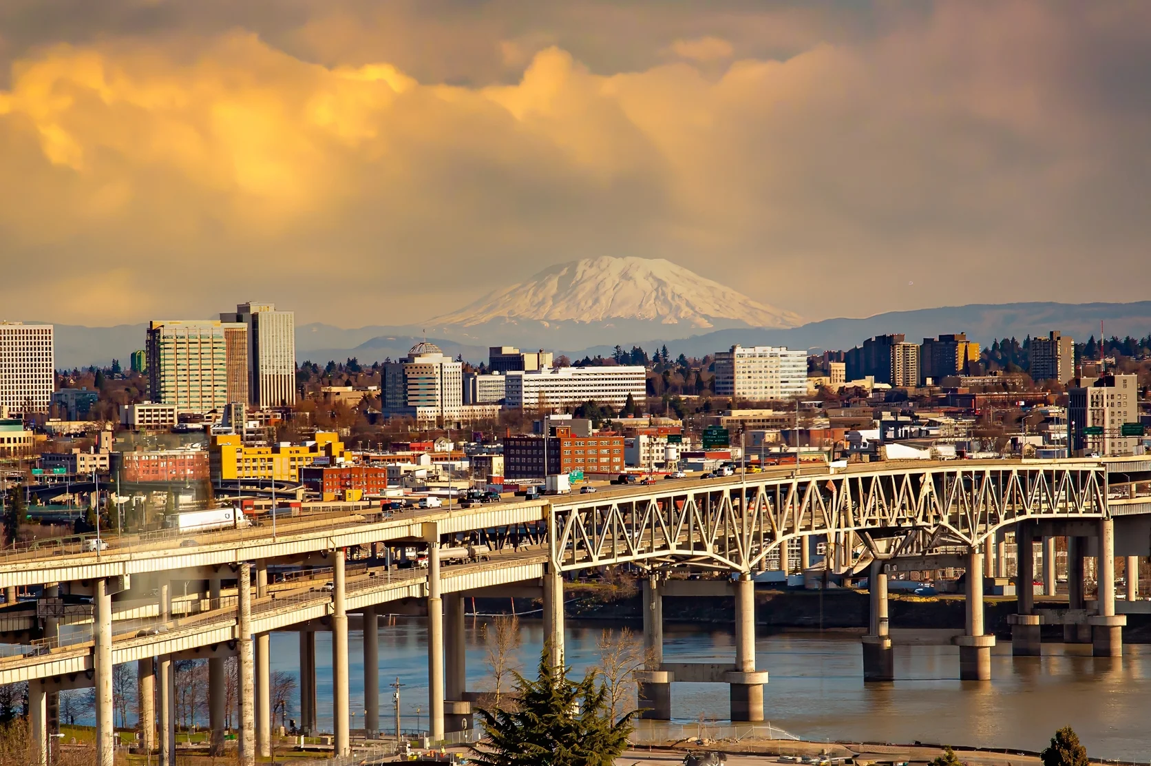 Downtown Portland Oregon with Marquam bridge over the Willamette River, also Mt St Helens.