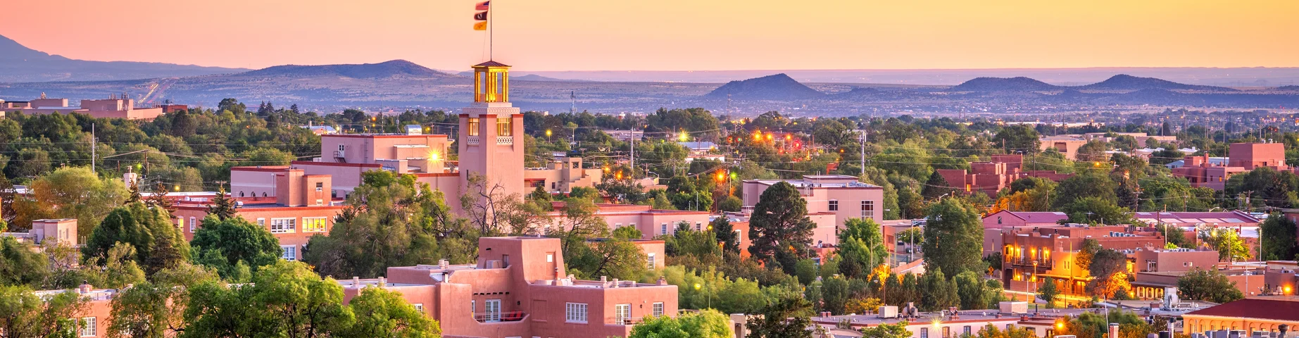 Santa Fe, New Mexico, USA downtown skyline at dusk.