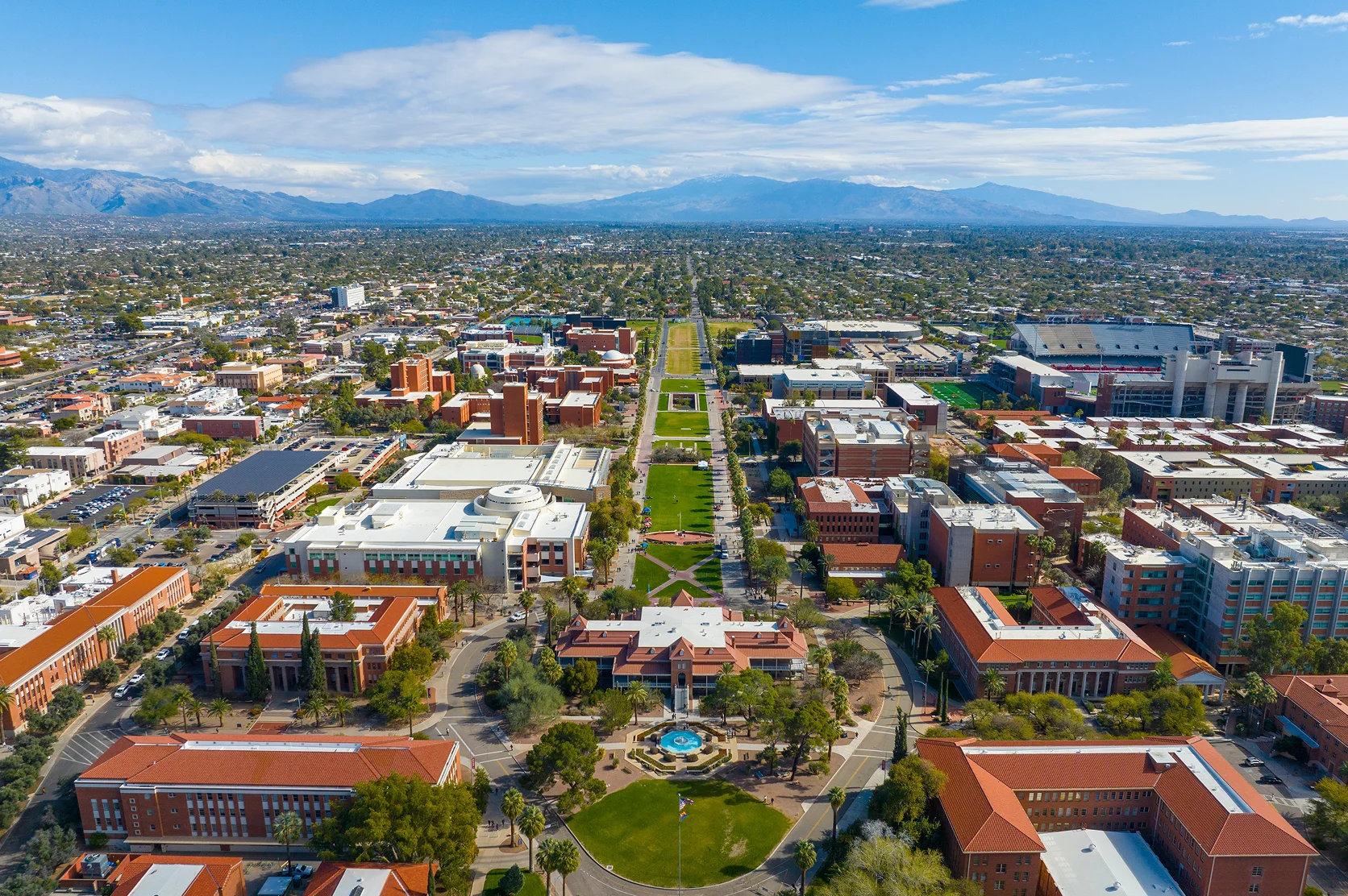 University of Arizona main campus aerial view including University Mall and Old Main Building in city of Tucson, Arizona AZ, USA.