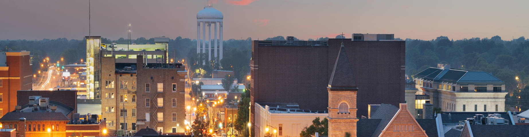 Columbia, Missouri, USA downtown city skyline at twilight.