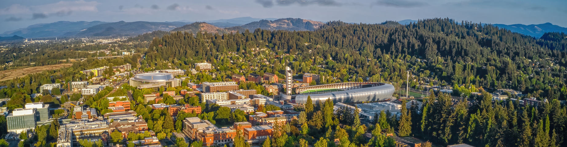 Aerial View of a large Public University in Eugene, Oregon.