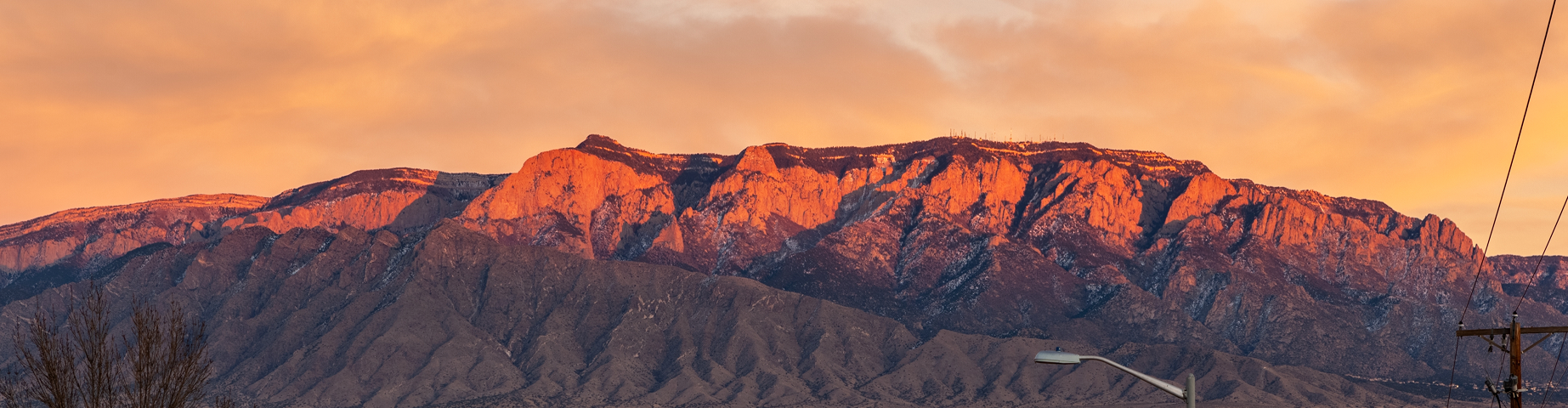 Sandia Mountains in New Mexico photographed from Rio Rancho at sunset.
