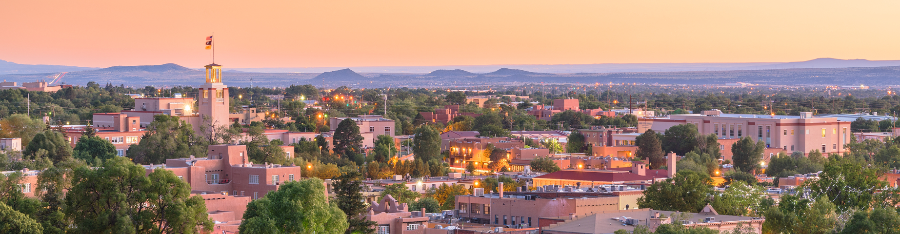 Santa Fe, New Mexico, USA downtown skyline at dusk.