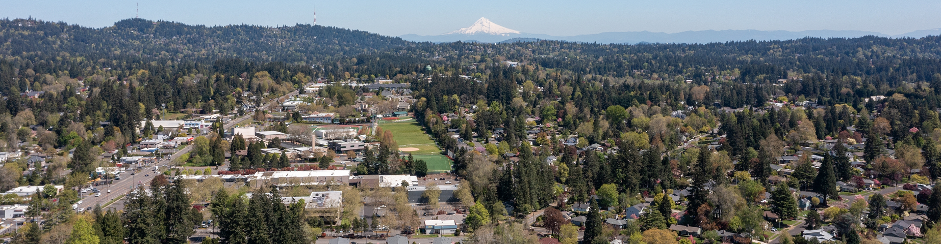Aerial drone photo of Beaverton and West Hills residential neighborhoods, green trees, nice houses, streets, houses during spring season with Mount Hood in the background under a clear blue sky