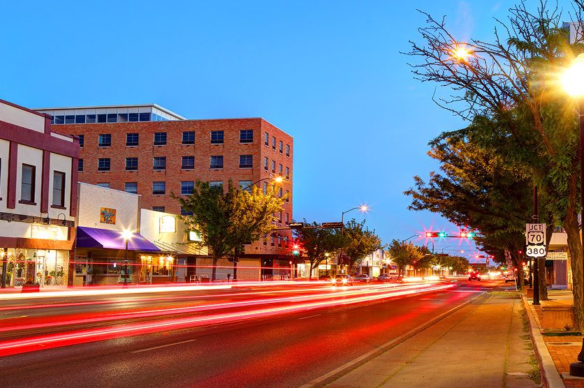 City street in Roswell, New Mexico with time-lapse traffic.