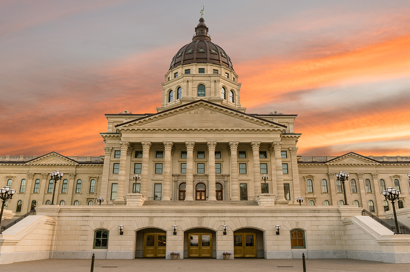 Exterior of the Kansas State Capital Building in Topeka, Kansas.