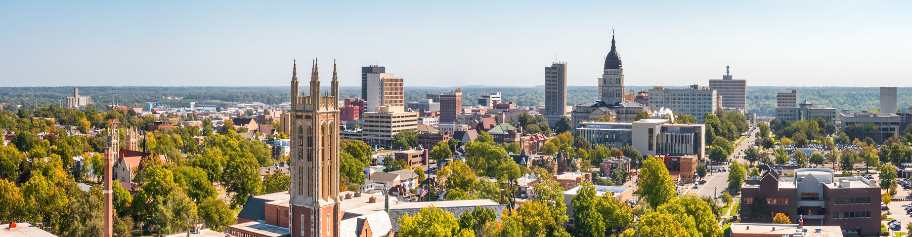 Aerial panorama of Topeka, Kansas along the 10th Avenue. Topeka is the capital city of the U.S. state of Kansas and the county seat of Shawnee County.