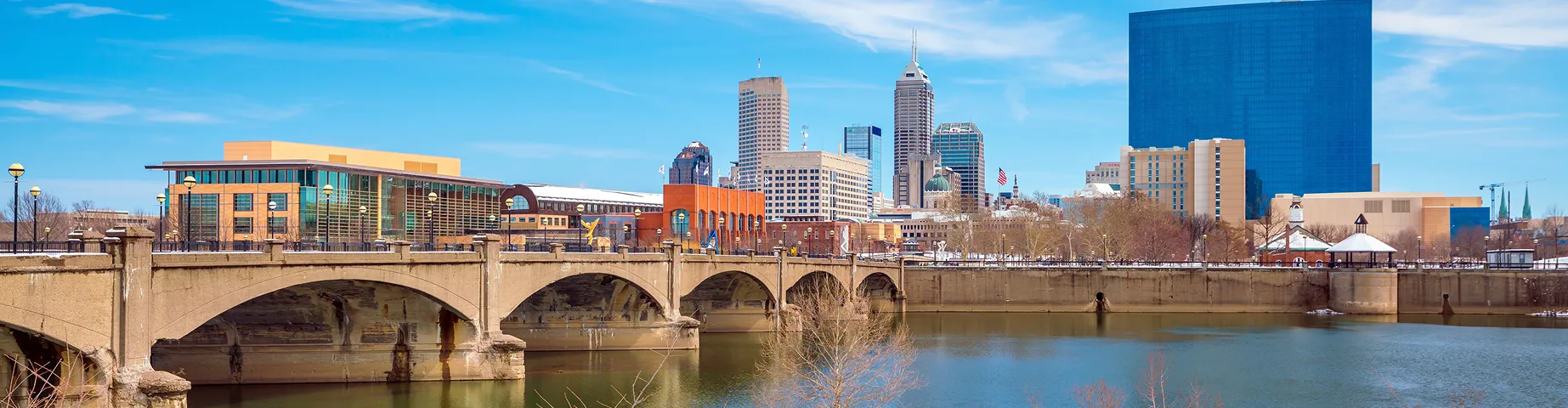 Downtown Indianapolis skyline with blue sky in USA