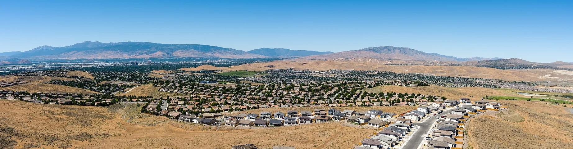 Aerial Panoramic view of Reno, Sparks and Spanish Springs located just north of Sparks Nevada.