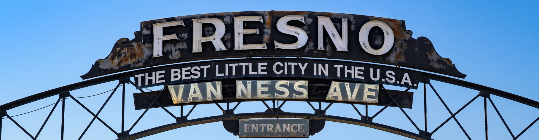 Fresno, California landmark sign at the entrance to Van Ness Avenue.