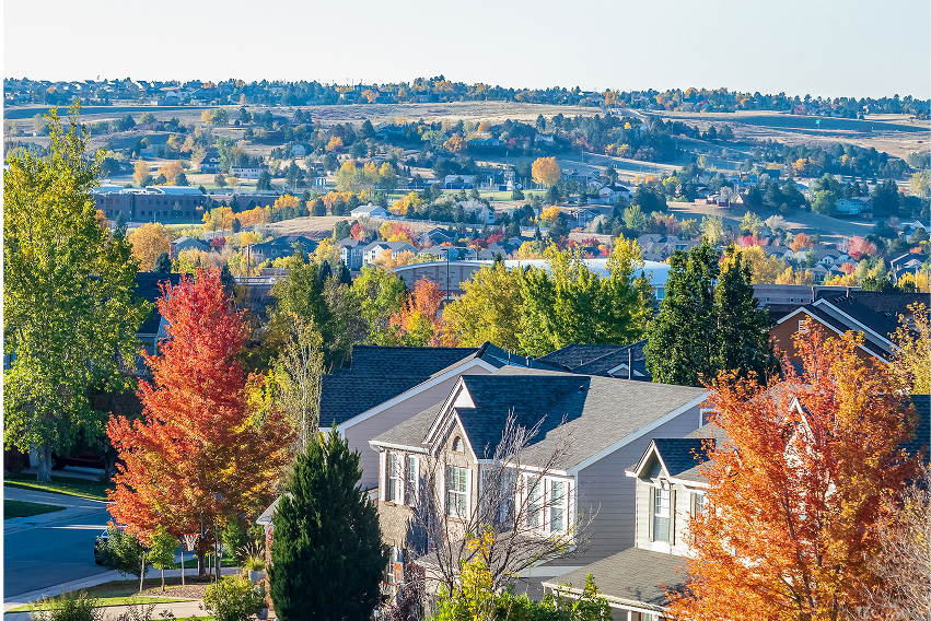 Denver Metro Area Residential Autumn Panorama with the view of the Front Range mountains in the distance – homeowners insurance in Denver, CO.
