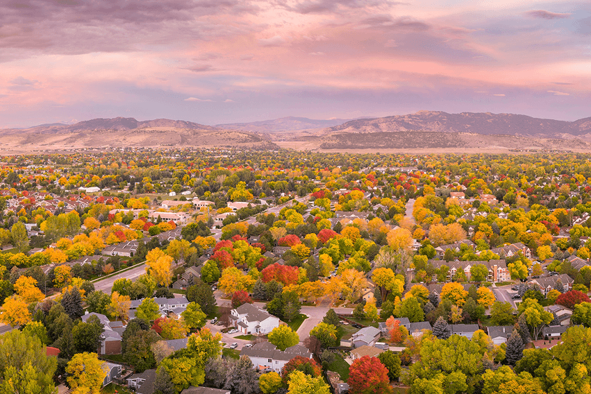 Fort Collins and foothills of Rocky Mountains with Horsetooth Rock in northern Colorado – homeowners insurance.