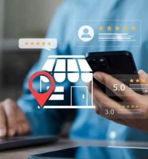 Business owner reviewing online business listings and customer ratings while managing a second location, illustrating ways a second location affects commercial insurance.