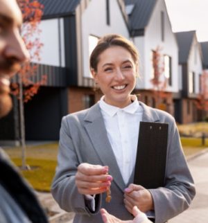 Real estate agent handing keys to new homeowners in a planned community, highlighting how an HOA can affect your homeowners insurance coverage.