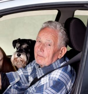 Smiling senior driver with a dog and younger passenger in the car, representing how auto insurance age brackets can span multiple generations of drivers.